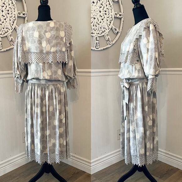 Vintage 80s Dress 100% Silk Drop Waist Sailor Collar Puff Sleeve Gray Cream 8 - Picture 2 of 10